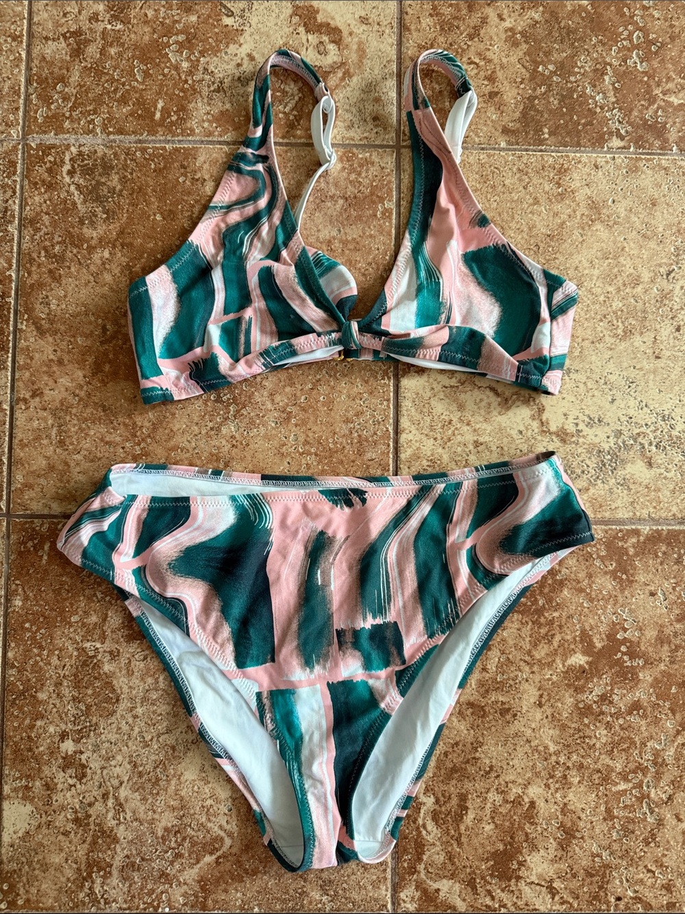 Lively The Swim Plunge Bralette and Bikini Bottom Paint Brush Teal and Coral -M